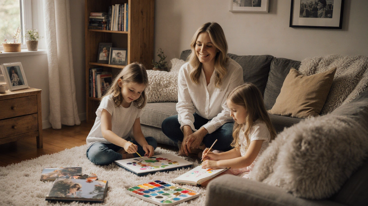Gabrielle Reece sitting with her daughters in cozy living room with childhood photos and art supplies showing family bonding