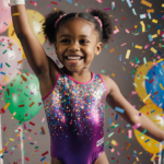 Young gymnast balances on one foot with a sparkly leotard and colorful balloons and confetti swirling around her.