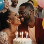 Gabrielle Union kissing Dwyane Wade with birthday cake and balloons