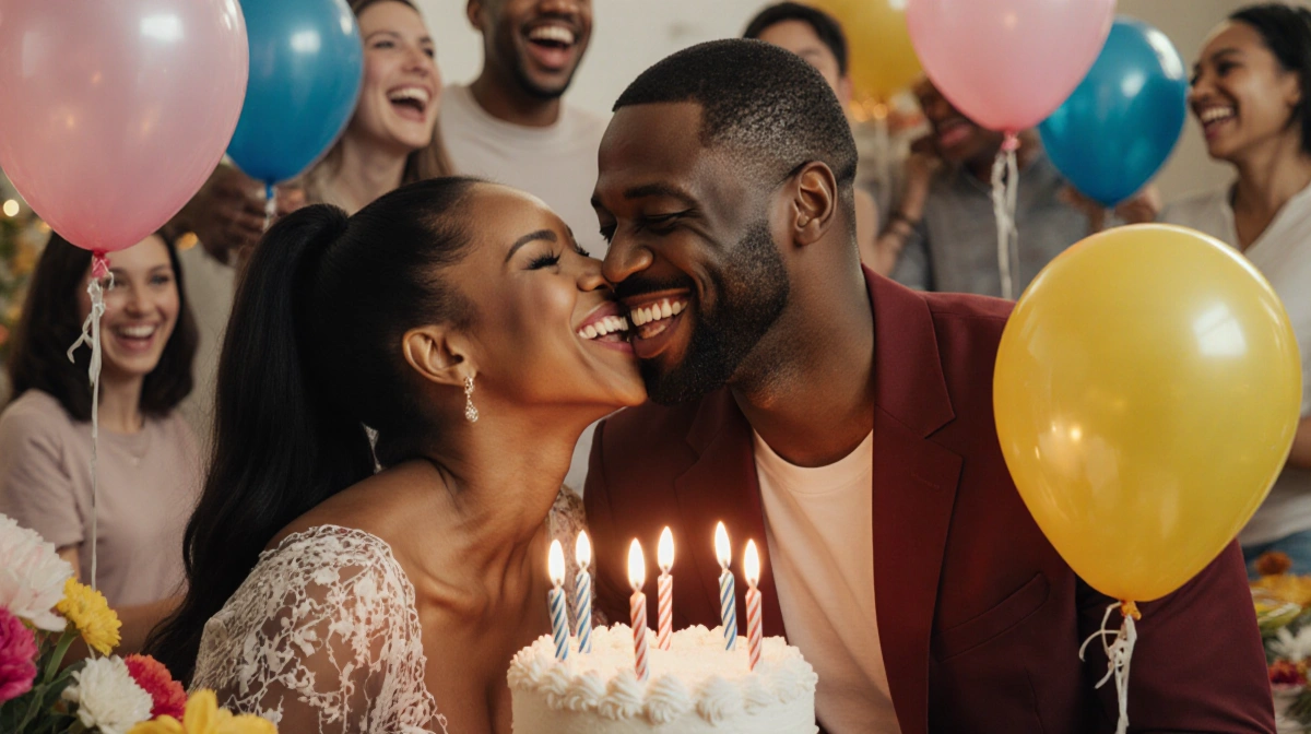 Gabrielle Union kissing Dwyane Wade with birthday cake and balloons