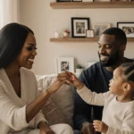 Gabrielle Union and Dwyane Wade spending family time with children in sunlit living room with Zaya playing and family photos
