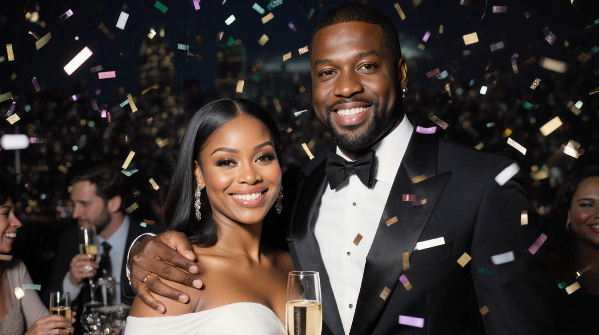 Gabrielle Union and Dwyane Wade embracing at Super Bowl party with champagne glasses and confetti showing early romance