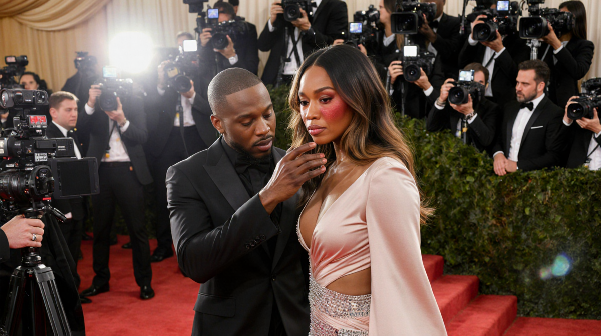 Gabrielle Union standing in Met Gala spotlight with red carpet background and Bad Bunny checking in as her hair is disheveled