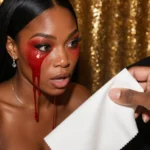Gabrielle Union experiencing hot flash at Met Gala with Bad Bunny holding napkin and showing concern