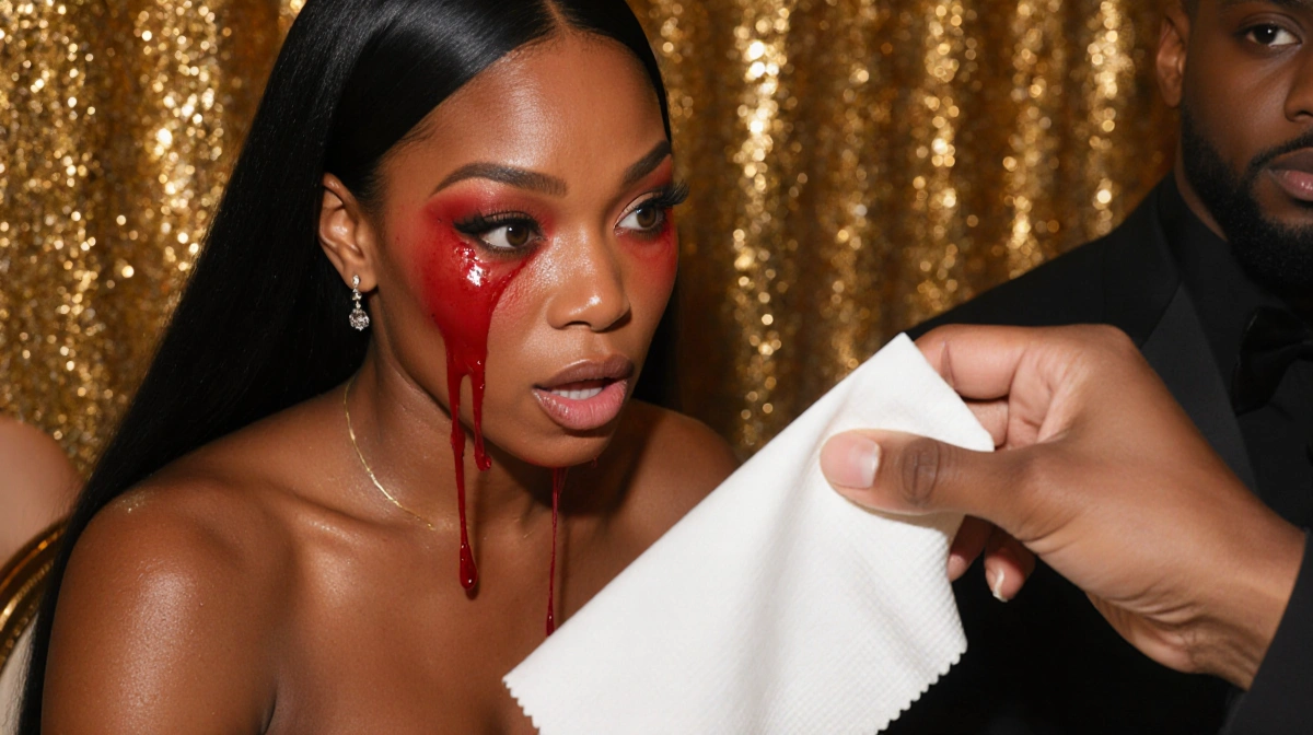 Gabrielle Union experiencing hot flash at Met Gala with Bad Bunny holding napkin and showing concern