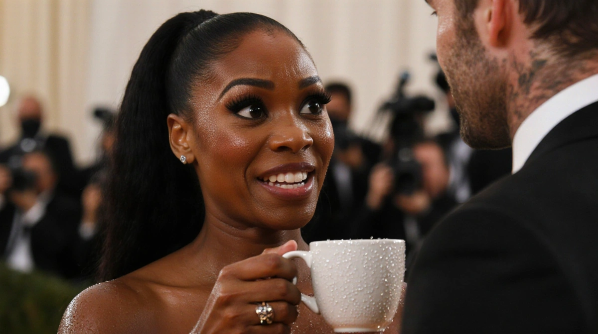 Gabrielle Union holding espresso cup with sweat on her face and Met Gala crowd behind her