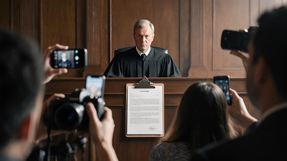 Stern judge presiding over courtroom with legal document and recording devices casting shadows