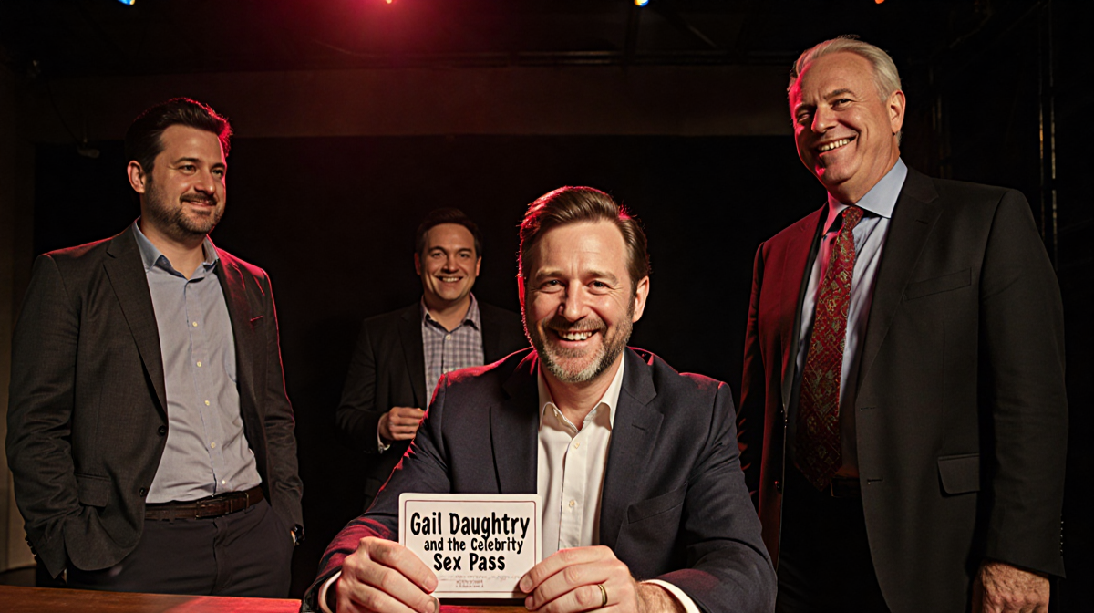 Jon Hamm holds the film's title card with a dim red glow and John Slattery smiles beside him on set.