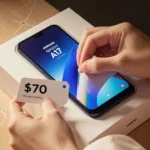 Hands unboxing Samsung Galaxy A17 with 5G pattern on desk and $170 price tag visible