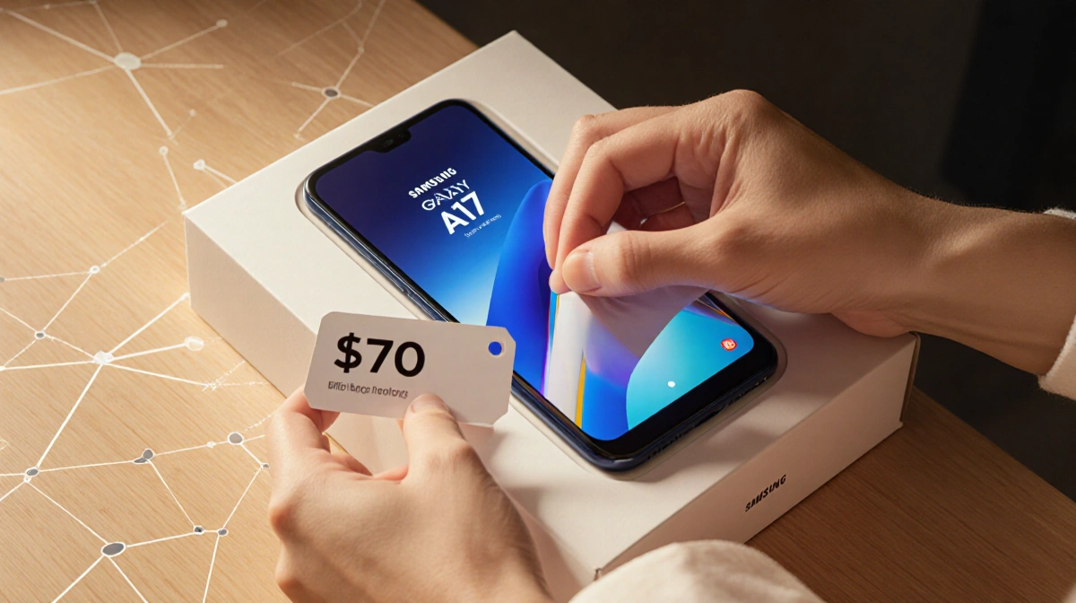Hands unboxing Samsung Galaxy A17 with 5G pattern on desk and $170 price tag visible