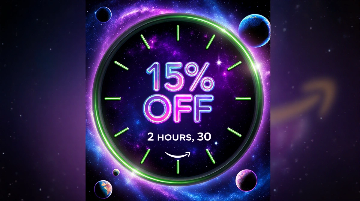 Galaxy countdown timer showing 15% off with swirling purple stars and blue planets around clock face
