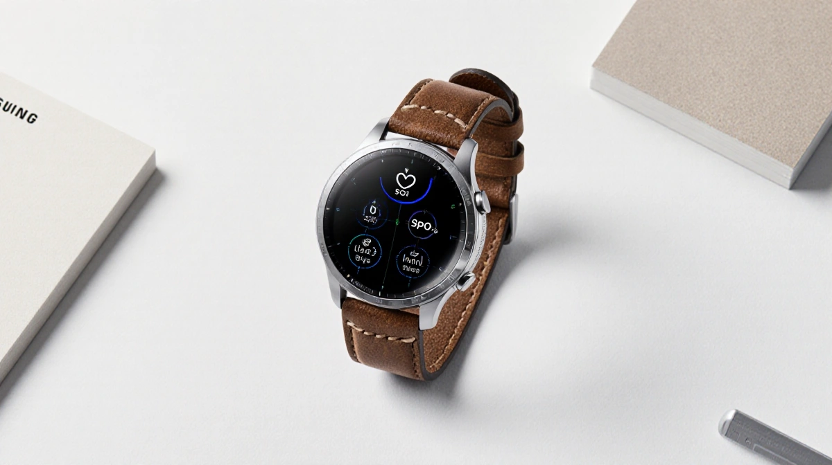 Samsung Galaxy Fit 3 smartwatch shows health metrics with worn leather strap on minimalist desk