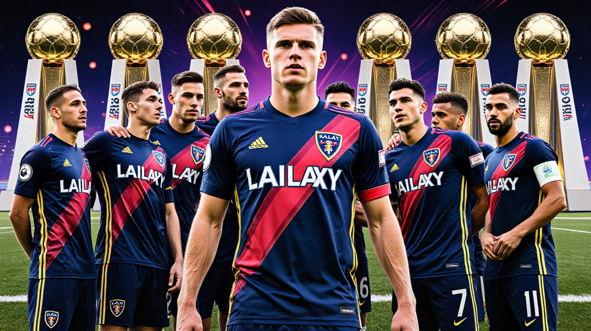 Jakob Glesnes leads a LA Galaxy huddle with teammates surrounding him and MLS Cup trophies shining in the background