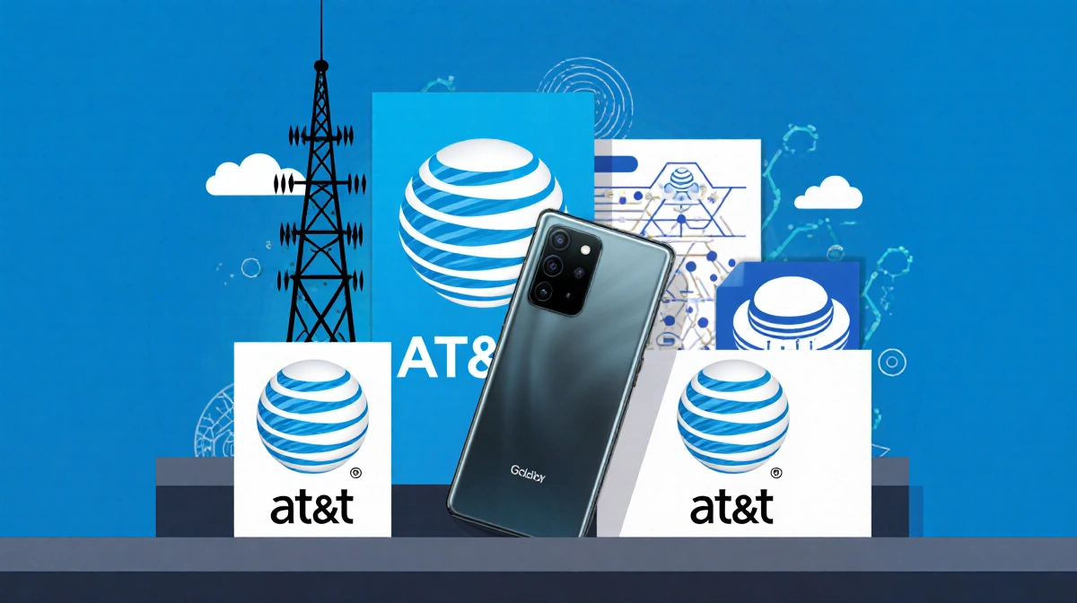 Galaxy S24 phone sits on counter with AT&T logo and cellular towers showing network deals