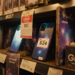 Galaxy S24 phone sits on cluttered electronics store shelf with discounted price tag and dusty accessories nearby