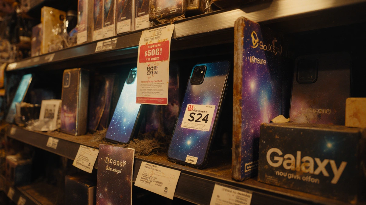 Galaxy S24 phone sits on cluttered electronics store shelf with discounted price tag and dusty accessories nearby