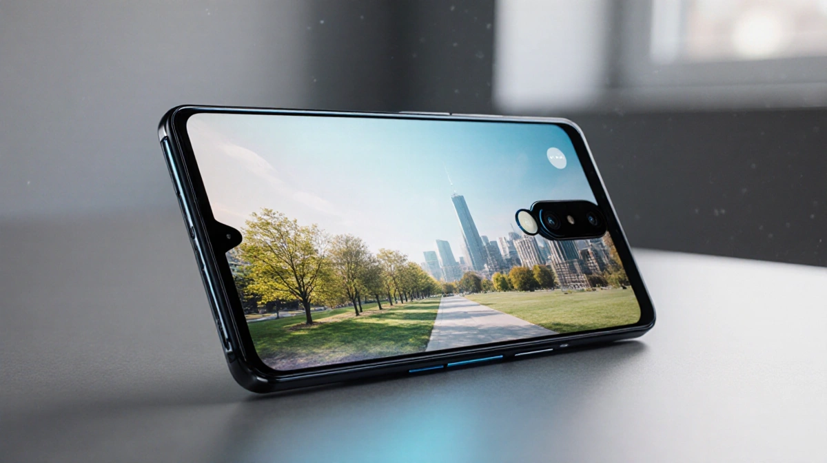 Galaxy S25 smartphone sits on desk with triple camera angled toward park scene on bright screen