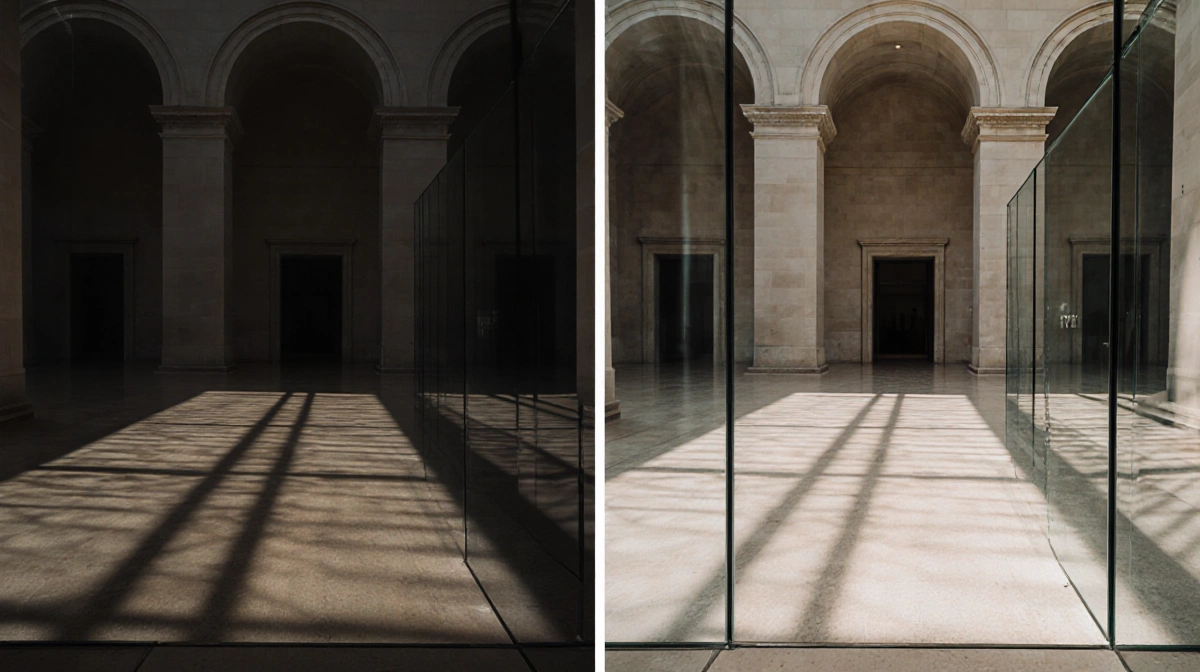 Split-screen museum gallery showing Samsung Galaxy S25 Ultra ultrawide photo with brighter glass reflections compared to iPho