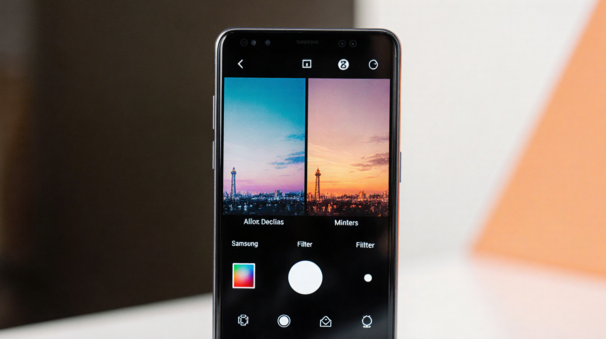 Smartphone camera screen shows photo filter options with Samsung Galaxy S26 Ultra in foreground and colorful tone sliders
