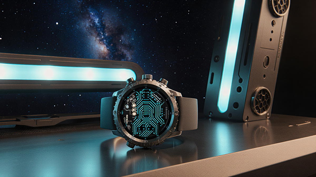 Galaxy Watch Ultra 2 shining on sleek metal desk with neon blue accents and galaxy pattern background