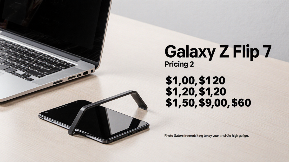 Table displays laptop and tablet with Galaxy Z Flip 7 phones showing prices of $1100 $1220 $900 $960