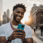 Person smiling while holding Galaxy Z Flip 7 with watches at sunset city skyline premium flip phone