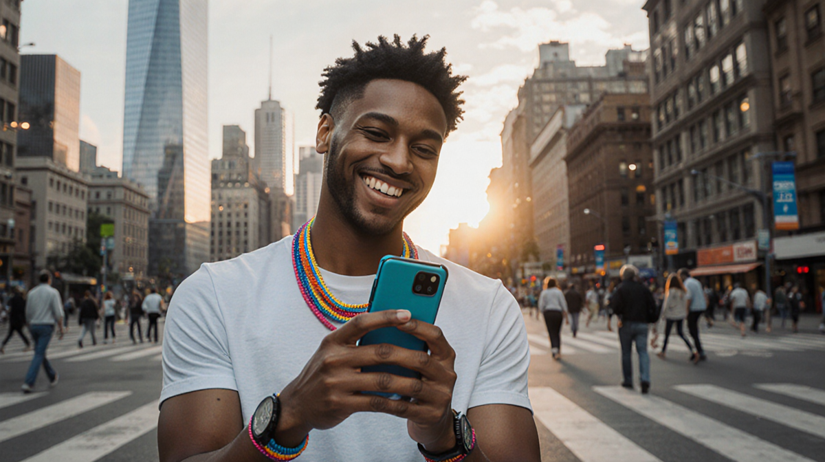 Person smiling while holding Galaxy Z Flip 7 with watches at sunset city skyline premium flip phone