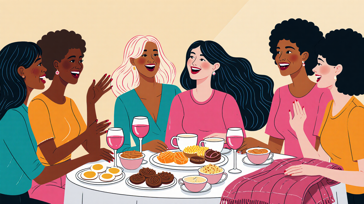 Friends laughing around a table with a breakfast buffet and wine glasses in a cozy warm setting for Galentines Day.