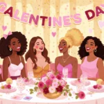 Diverse women friends laughing around Galentines Day table with pastel balloons and flowers