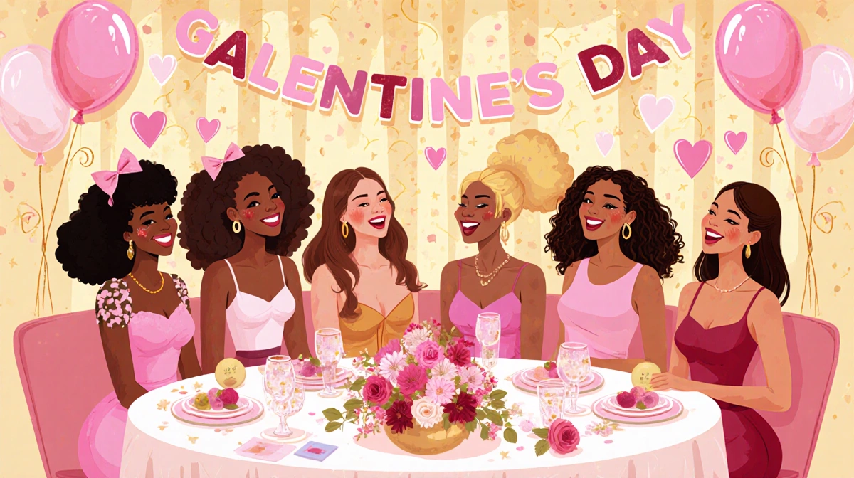 Diverse women friends laughing around Galentines Day table with pastel balloons and flowers