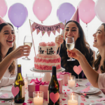 Friends laughing while toasting with pastel pink and purple balloons and a cake labeled Galentines for Life