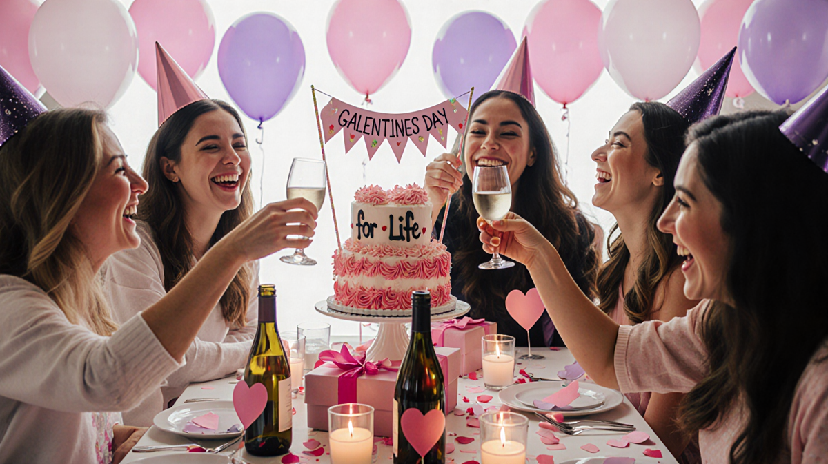 Friends laughing while toasting with pastel pink and purple balloons and a cake labeled Galentines for Life