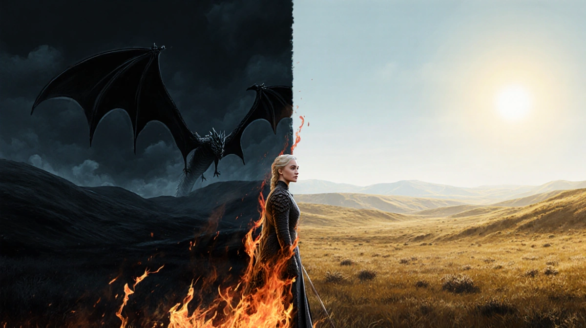 Split screen illustration shows dark landscape with dragon wings and bright sunny landscape symbolizing Game of Thrones final