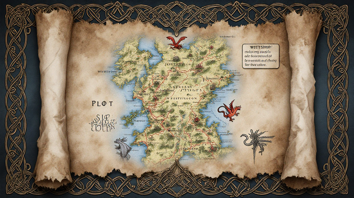 Medieval scroll map of Westeros showing dragon silhouettes and kingdom borders with ancient parchment textures