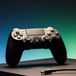 GameSir G8 Plus controller resting on console with gradient blue-green background and headset in foreground