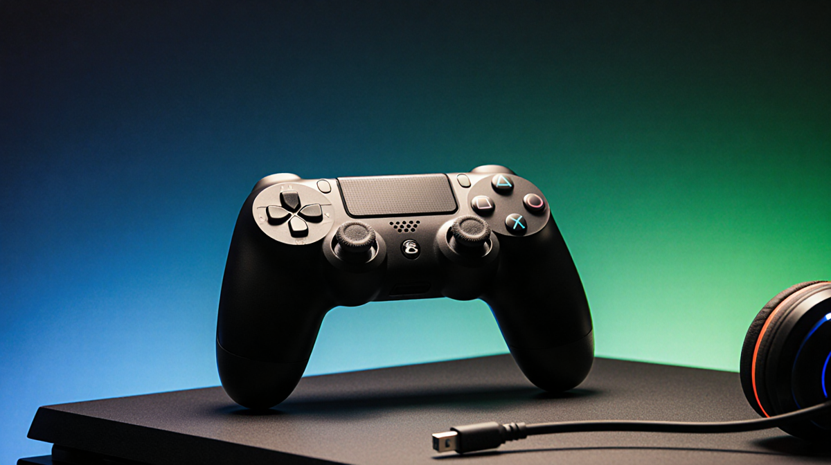 GameSir G8 Plus controller resting on console with gradient blue-green background and headset in foreground