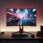 LG UltraGear 27‑inch monitor displaying vibrant OLED QHD game scene with soft warm lighting on clutter‑free gaming desk.