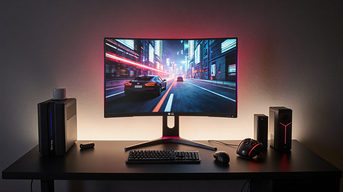 LG UltraGear 27‑inch monitor displaying vibrant OLED QHD game scene with soft warm lighting on clutter‑free gaming desk.