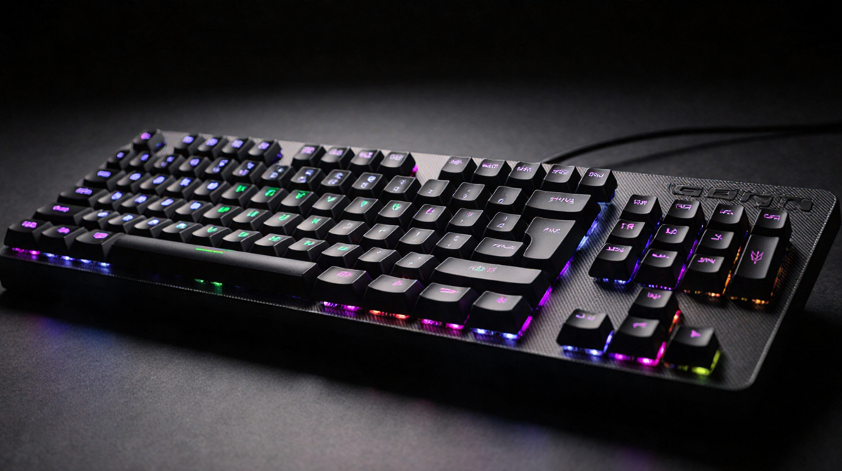 Gaming keyboard highlights arrow keys and macro layout with glowing backlighting on dark background