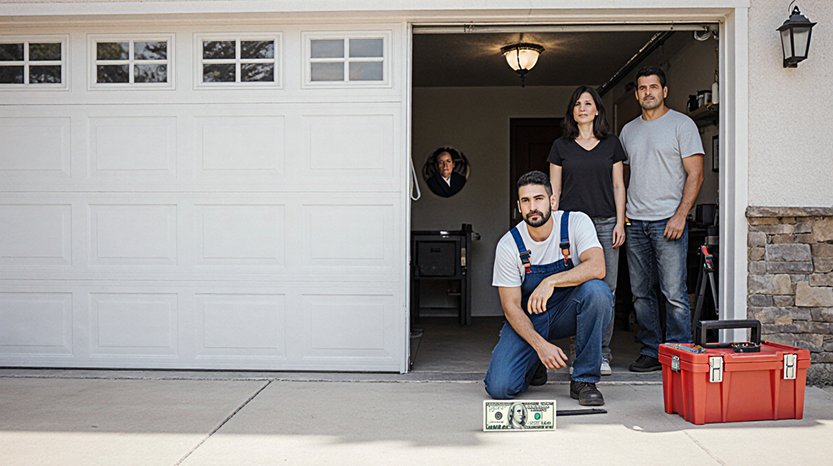Repairman kneels beside a slightly open garage door with a toolbox and a $100 bill near him