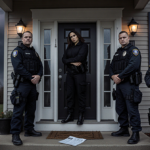 Police officers in tactical gear gather around Garcelle Beauvais