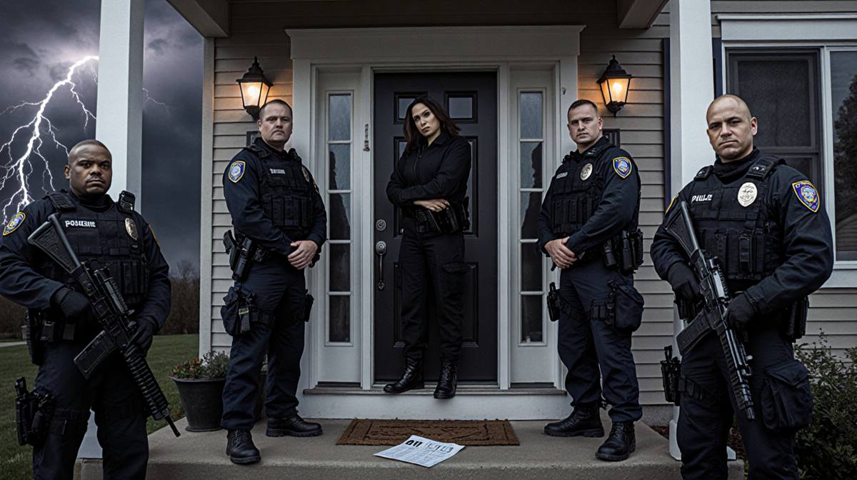 Police officers in tactical gear gather around Garcelle Beauvais