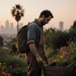Gardener stands in West Hollywood garden with cart and palm tree against sunset skyline showing determination and regret