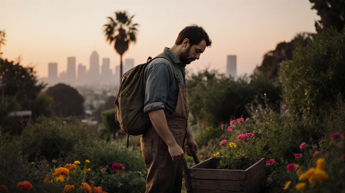 Gardener stands in West Hollywood garden with cart and palm tree against sunset skyline showing determination and regret