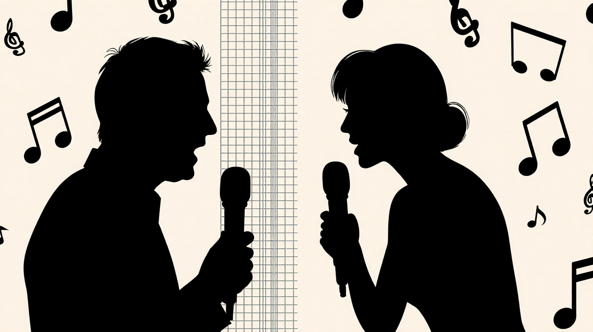 Art Garfunkel and Liza Minnelli silhouettes holding microphones with a grid backdrop and floating musical notes around them