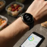 Fitness enthusiast checking Garmin smartwatch with nutrition app open and smartphone showing daily food intake