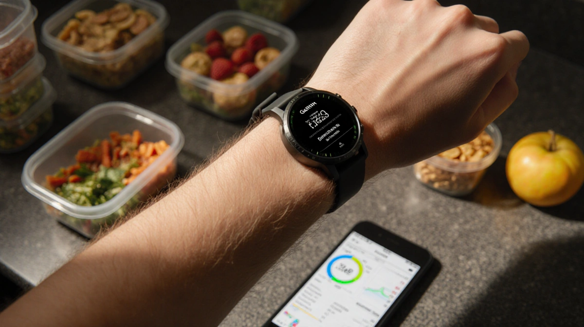 Fitness enthusiast checking Garmin smartwatch with nutrition app open and smartphone showing daily food intake