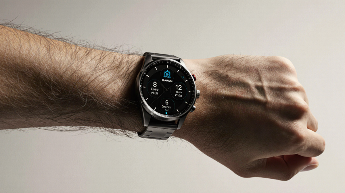 Wrist displays Garmin Venu 4 sports smartwatch with metallic band and subtle button designs illuminated by natural light