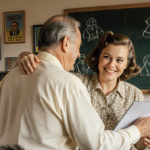 Garry Marshall standing beside Penny Marshall smiling with a script and arm around her television set in a 1950s kitchen