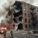 Emergency responders evacuating residents with smoke billowing from collapsed Bronx building and twisted metal debris